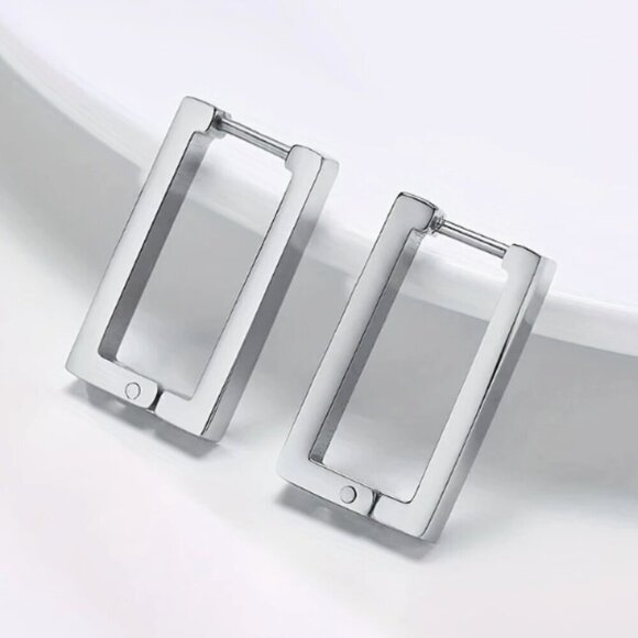 Stainless Steel Silver Rectangle Hoop Earrings - Clicker back closure - NEW - Picture 2 of 3